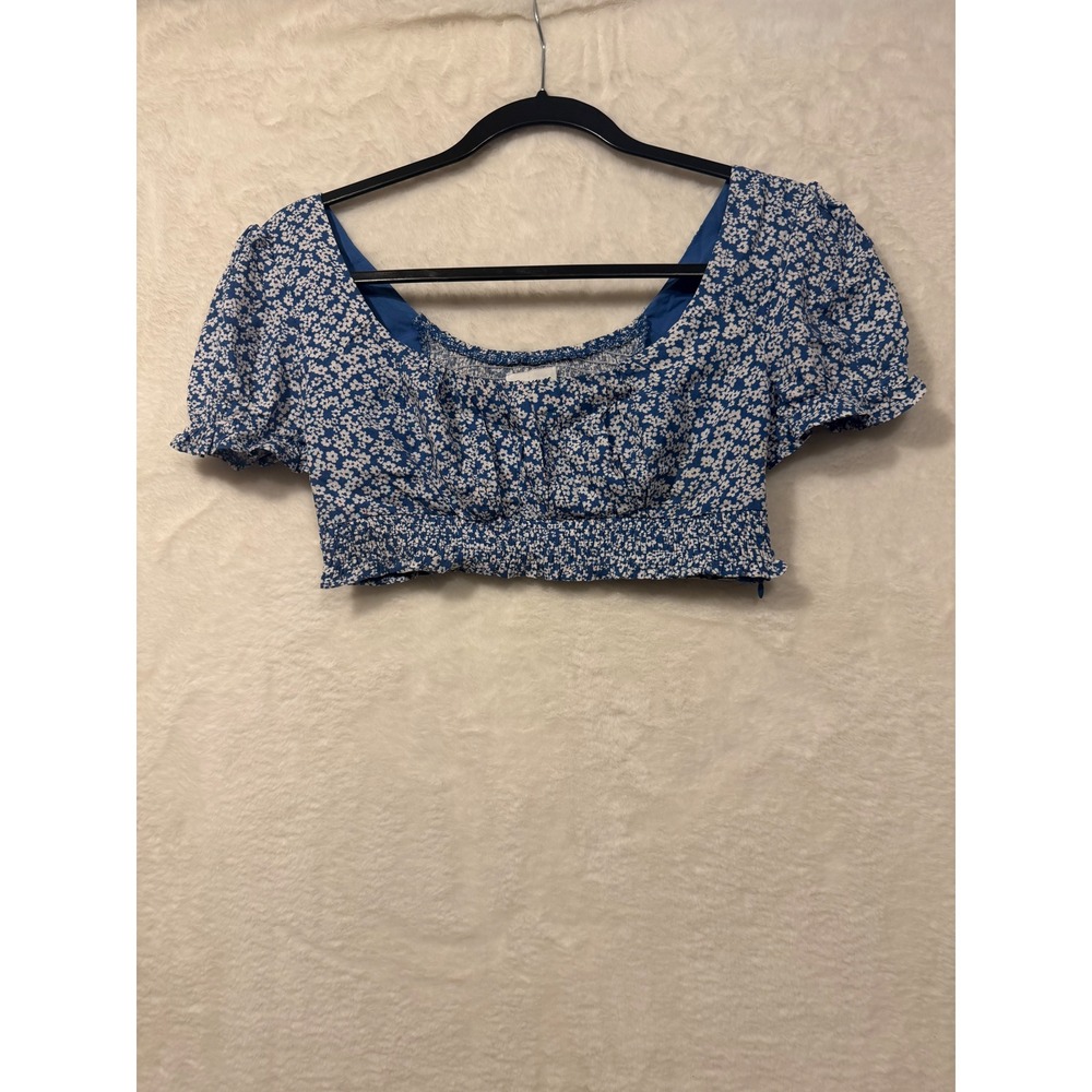 Princess Polly Blue Floral Puff Sleeve Smocked Crop‎ Top Square Neck Size US 2